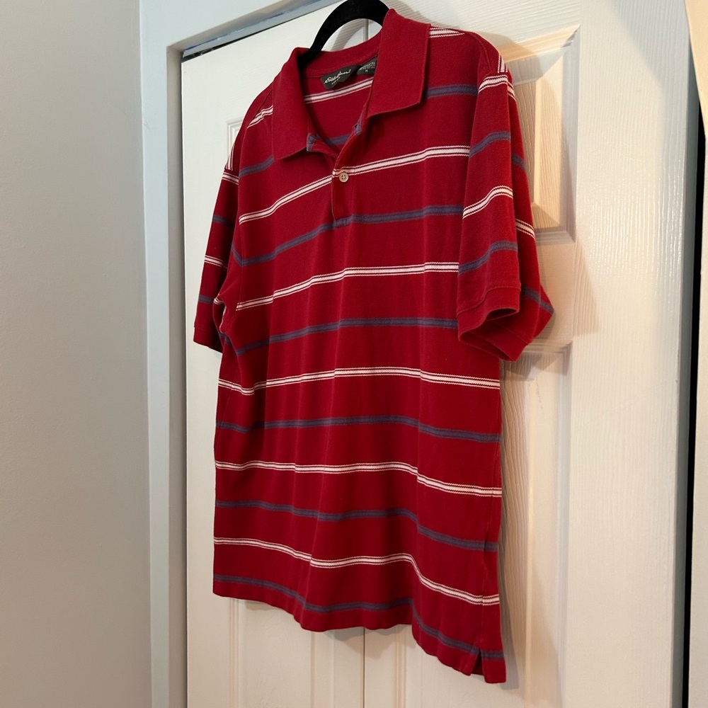 Eddie Bauer Red Striped Polo Shirt Men’s Medium Cotton Short Sleeve